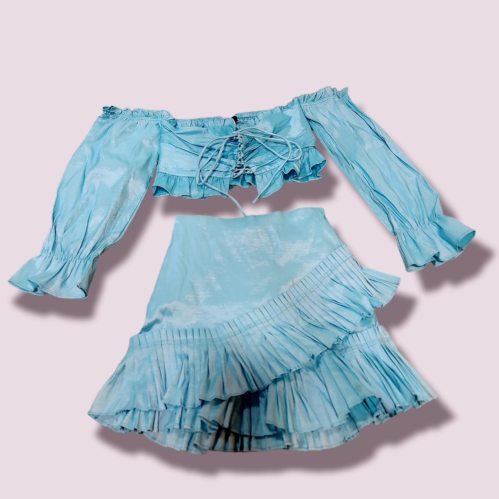 Nichole Lynel Blue Set Matching Ruffled Lace Up Skirt Crop Top